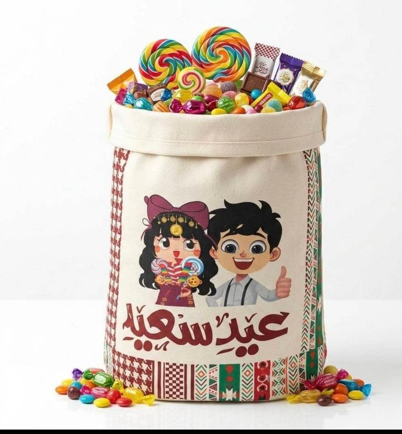 كيس مفرحات العيد  قماش صغير بعبارة عيد سعيد ملون 35*20 cm
