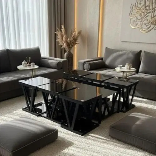 طقم طاولات المودرن 6+1 – أناقة الزجاج وفخامة التصميم