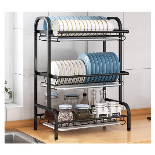 A modern and sturdy three-tier metal dish organizer.