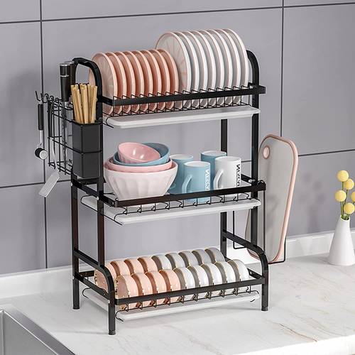 3-tier metal dish organizer with side utensil holder