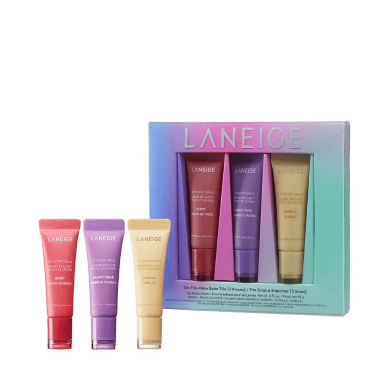 مجموعة مرطبة وملونة من ثلاثة قطع ( فانيلا. التوت الازرق. ريدفروت)   LANEIGE Lip Glowy Balm 3 pec (Vanilla .BlueberryRed Fruits) 