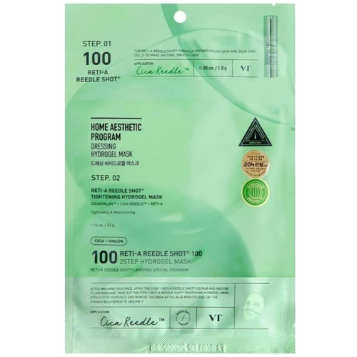 The VT Reti-A Reedle Shot 100 2-Step Hydrogel Mask is a dual-phase treatment designed to enhance skin texture and promote a youthful complexion. This innovative mask combines a potent serum with a hydrogel mask to deliver intensive pore conditioning and skin-smoothing effects. The first step involves applying the Reti-A Reedle Shot 100, which primes the skin with a blend of active ingredients, including CICA REEDLE™ and Vitamin A Complex, to refine skin texture and tighten pores. The second step features a hydrogel mask infused with Reti-A and Hydrolyzed Elastin, providing deep hydration and elasticity support. Together, these steps work synergistically to reveal a visibly smoother and more refined complexion after just one use. Ingredients: CICA REEDLE™, Vitamin A Complex, Bakuchiol, Polyphenol, Beta-Carotene, Hydrolyzed Elastin. How to Use: Apply Step 1 Reedle Shot evenly to a clean face and allow it to absorb. Apply Step 2 Hydrogel Mask by removing the backing films and smoothing it onto the face. Leave the mask on for 20–40 minutes for quick hydration, or 2–3 hours for deeper hydration. You can leave it overnight for intensive hydration.