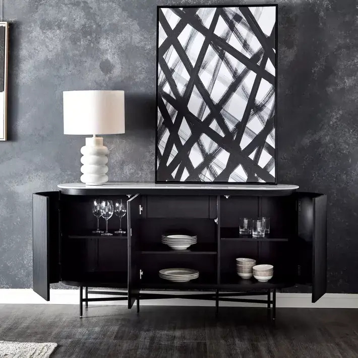Elegant Marble Top Black Buffet - بوفيه أنيق بسطح رخامي أسود