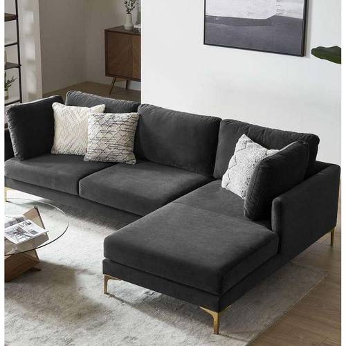 Velvet and Swedish Wood Corner Sofa - Black - كنبة زاوية مخمل وخشب سويدي - أسود
