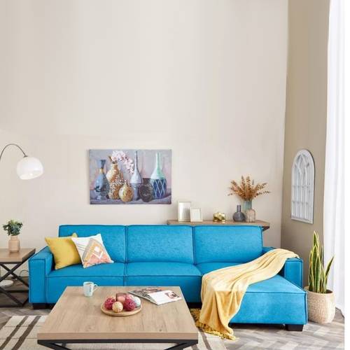 كنب زاوية خشب و قماش لبني - Light Blue Fabric and Wood Corner Sofa