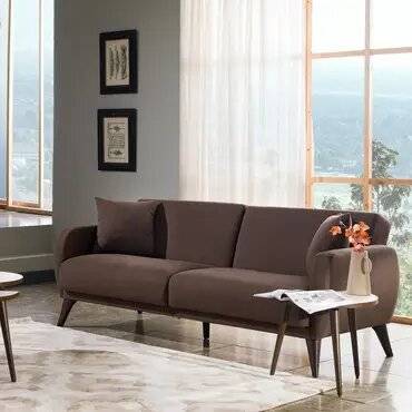 كنبة ثلاث مقاعد خشب سويدي ومخمل - بني, Swedish wood and velvet three-seater sofa - brown
