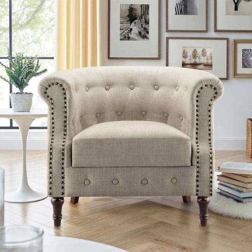 Swedish wood and linen side chair - beige