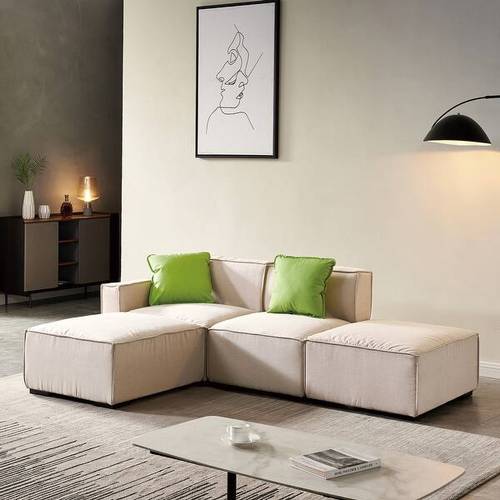 كنبة زاوية خشب سويدي و كتان - بيج - Swedish Wood and Linen Corner Sofa - Beige
