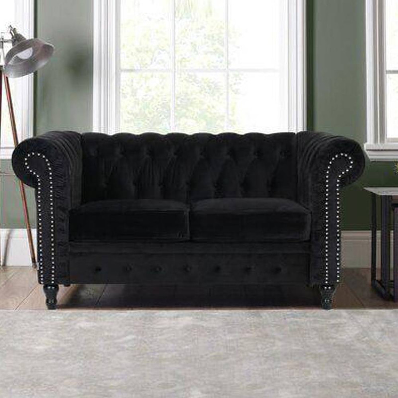 Two-Seater Sofa Swedish Wood and Velvet - Black - كنبة مقعدين خشب سويدي وقطيفة - أسود