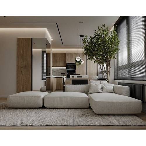 كنبة زاوية خشب سويدي و كتان - بيج - Swedish Wood and Linen Corner Sofa - Beige
