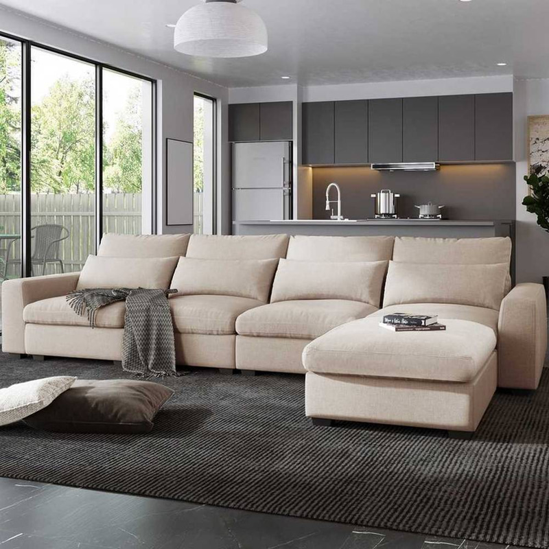 كنبة زاوية كتان بيج - Beige Linen Corner Sofa
