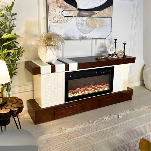 Modern TV Stand with Electric Fireplace - طاولة تلفزيون حديثة مع مدفأة كهربائية