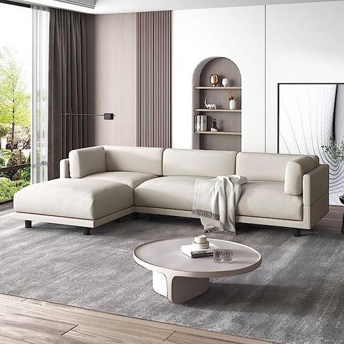 كنبة زاوية خشب سويدي و كتان - بيج - Beige Linen Swedish Wood Corner Sofa