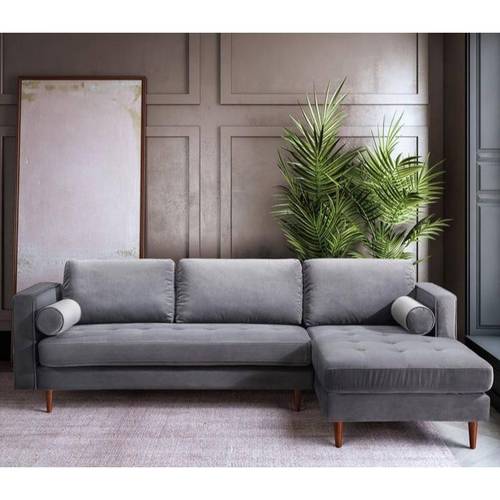 كنبة زاوية خشب سويدي وقطيفة - رمادي, Corner Sofa Swedish Wood and Velvet - Grey
