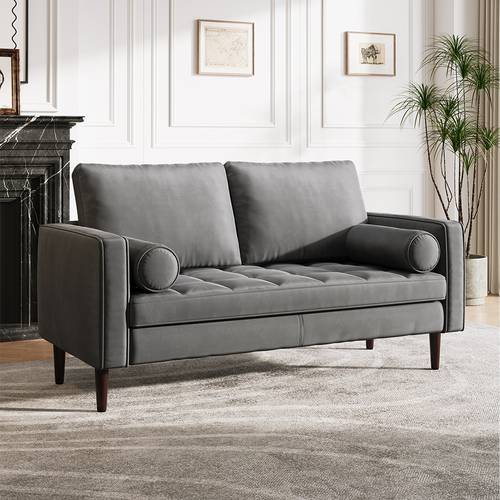 Velvet and Swedish Wood Two-Seat Sofa - Grey - كنبة مقعدين مخمل وخشب سويدي - رمادي

