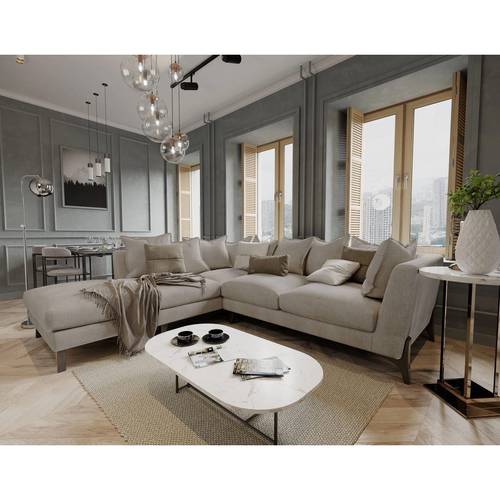 كنبة زاوية خشب سويدي و كتان - بيج - Swedish Wood and Linen Corner Sofa - Beige