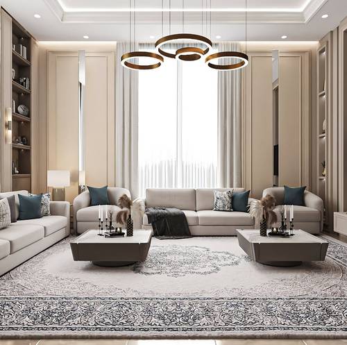 طقم كنب مودرن فاخر بيج بتصميم راقي مع طاولات وسطية | مثالي للصالات العصرية