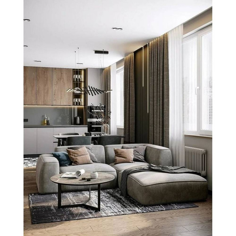 كنبة زاوية كتان وسويدي - رمادي - Linen and Swedish Corner Sofa - Grey