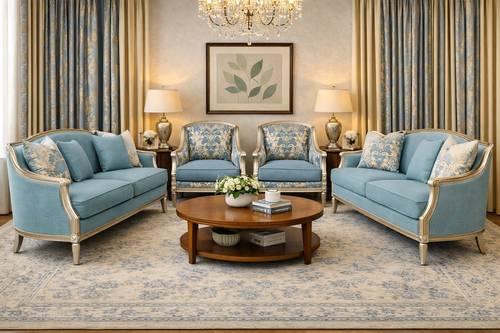 Luxury classic sofa set in pastel blue with gold trim - 4 pieces