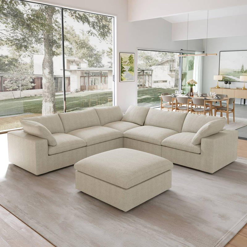 كنبة زاوية خشب سويدي و كتان - بيج - Swedish Wood and Linen Corner Sofa - Beige