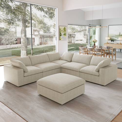 كنبة زاوية خشب سويدي و كتان - بيج - Swedish Wood and Linen Corner Sofa - Beige