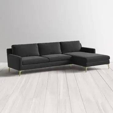 كنبة زاوية مخمل و سويدي ام دي اف و حديد ذهبي - رمادي - Velvet & Suede Corner Sofa, MDF & Golden Iron - Grey