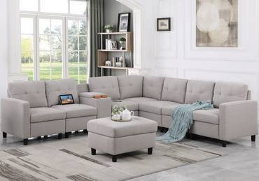 كنبة زاوية خشب سويدي و كتان من متجر بيزناس - Biznas Swedish Wood and Linen Corner Sofa
