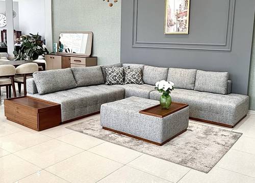  كنب زاوية مودرن لون الرمادي الفاتح مع طاولة مدمجة  Modern L-Shaped Seater Sofa Set in Light Gray with Built-in Table