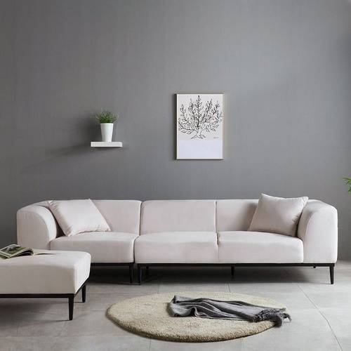 Three-Seater Sofa Velvet, Linen and Swedish Wood - White - كنبة ثلاث مقاعد مخمل وكتان وخشب سويدي - أبيض
