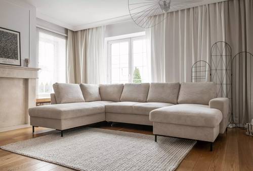 كنب ركني بأرجل معدنية 7 مقاعد بيج على شكل U - U-Shape Beige 7-Seater Metal Leg Corner Sofa