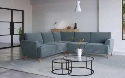 كنبة كتان رمادي بخشب سويدي - Grey Linen Sofa with Swedish Wood
