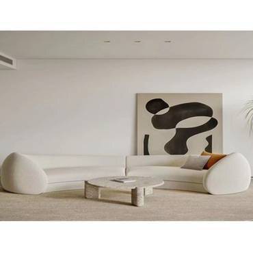 كنبة زاوية خشب سويدي وقماش بوكليه - اوف وايت - Off White Boucle Fabric and Swedish Wood Corner Sofa