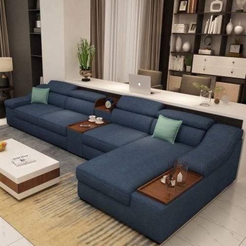 كنبة زاوية خشب سويدي و كتان - أزرق - Swedish Wood and Linen Corner Sofa - Blue