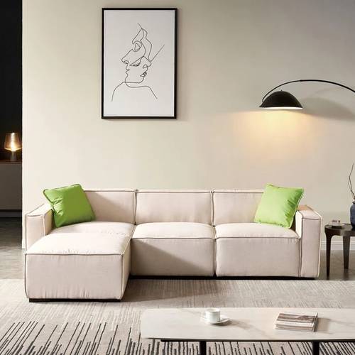 كنبة زاوية خشب سويدي و كتان - بيج - Swedish Wood and Linen Corner Sofa - Beige
