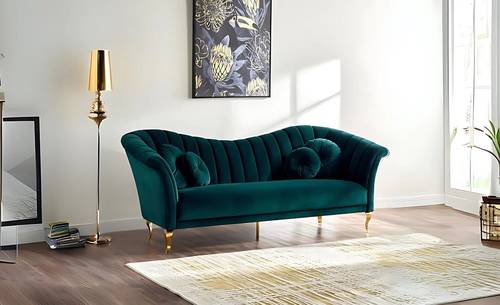 كنبة ثلاث مقاعد خشب سويدي ومخمل - أخضر, Swedish Wood and Velvet Three-Seater Sofa - Green

