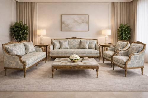 Luxurious classic sofa set with a royal pattern and gold frame - light blue