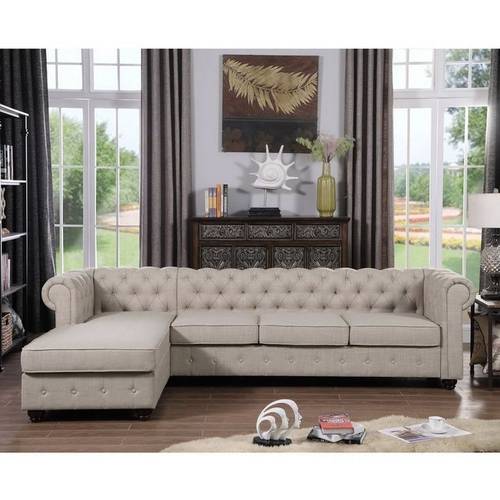 كنبة زاوية خشب سويدي و كتان - بيج - Swedish Wood and Linen Sectional Sofa - Beige
