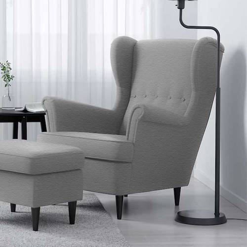 Royal wing chair with footrest, upholstered in linen - light gray