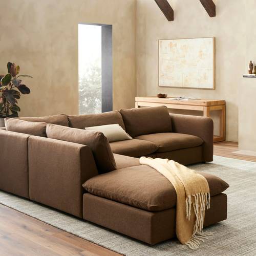 كنب ركني زاوية على شكل L كتان بني - Brown Linen L-Shaped Sectional Corner Sofa
