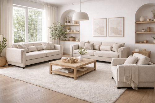 طقم كنب مودرن فاخر من البيج المخملي بتصميم عصري وديكورات راقية لغرفة المعيشة