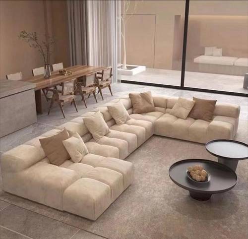 كنبة زاوية على شكل حرف U بتصميم مميز مخمل- بيج