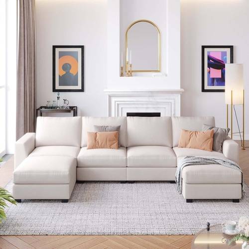 Modern U-Shape Sectional Sofa White - كنبة ركنية عصرية على شكل حرف U لون أبيض