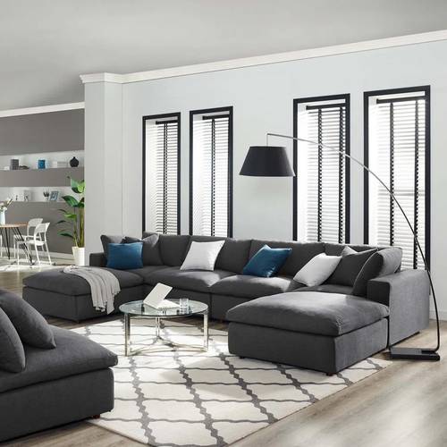 كنبة دائرية كتان و سويدي - رمادي, Linen and Suede Round Sofa - Grey
