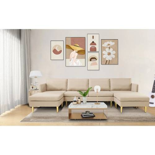 كنبة زاوية حرف U - بيج, U-shaped Sectional Sofa - Beige
