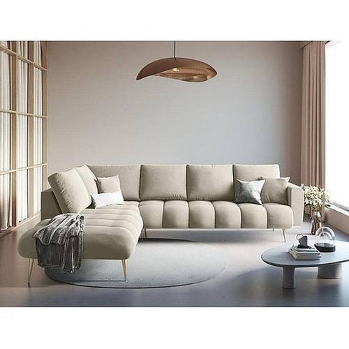 كنبة زاوية خشب سويدي وقطيفة - بيج - Swedish wood and velvet corner sofa - Beige
