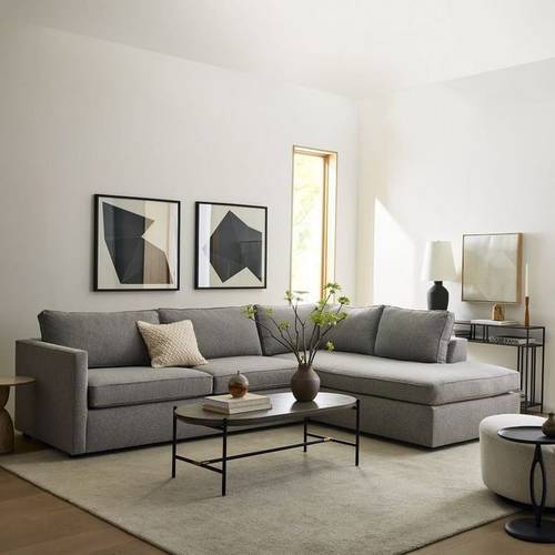كنبة زاوية كتان وخشب سويدي - رمادي, Linen and Swedish wood corner sofa - gray
