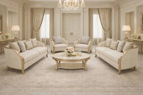 Luxurious neoclassical sofa set with subtle gold details - light beige