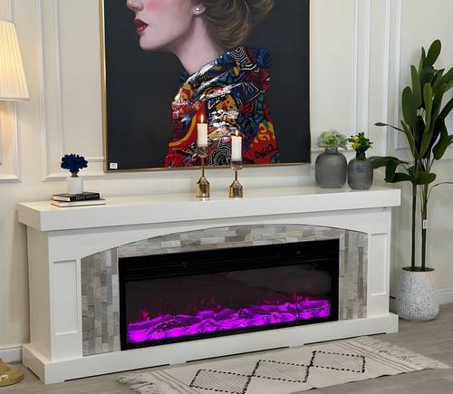 White Electric Fireplace TV Stand - طاولة تلفزيون مع مدفأة كهربائية بيضاء