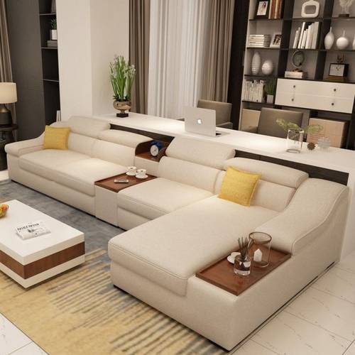 كنبة زاوية خشب سويدي و كتان - بيج - Swedish Wood and Linen Corner Sofa - Beige