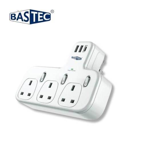 BASTEC- فيش جداري مشترك كهرباء بـ3 منافذ ثلاثية ومنفذين USB ومنفذ PD يدعم الشحن السريع من باستك موديل BC871